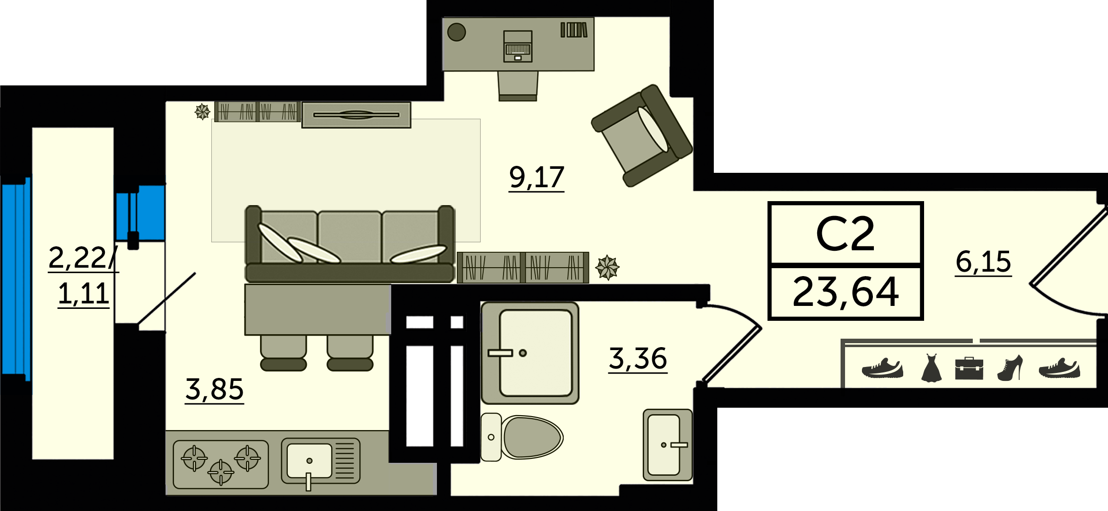 Планировка Студия 23,64 м²