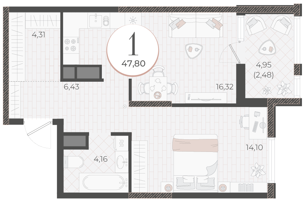 Планировка 1-комнатная 47,8 м²