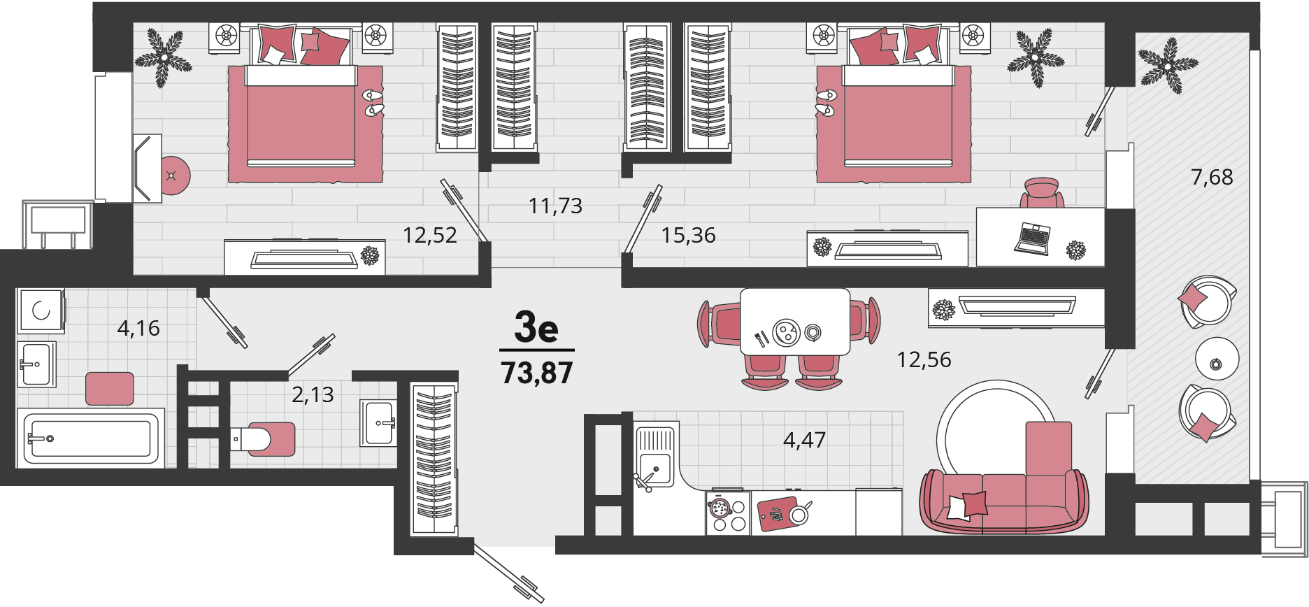 Планировка 3-комнатная 73,87 м²