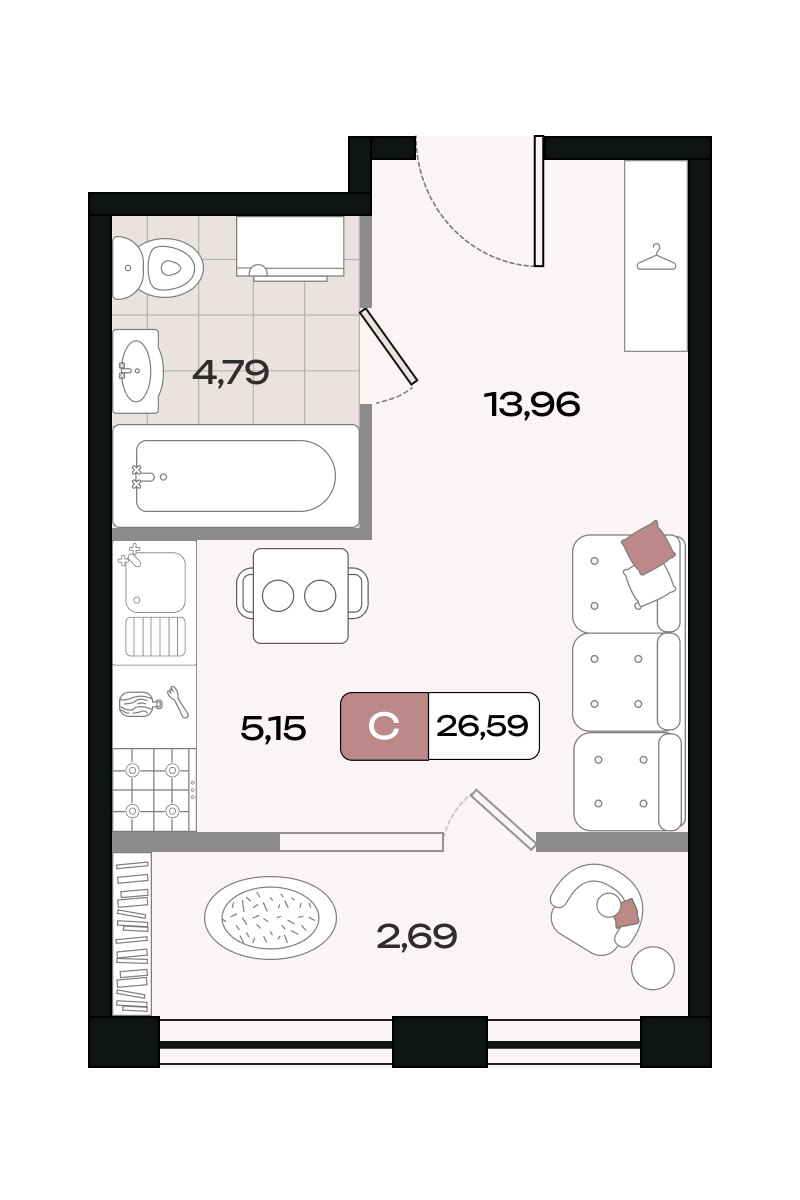 Планировка: Студия 26,6 м²