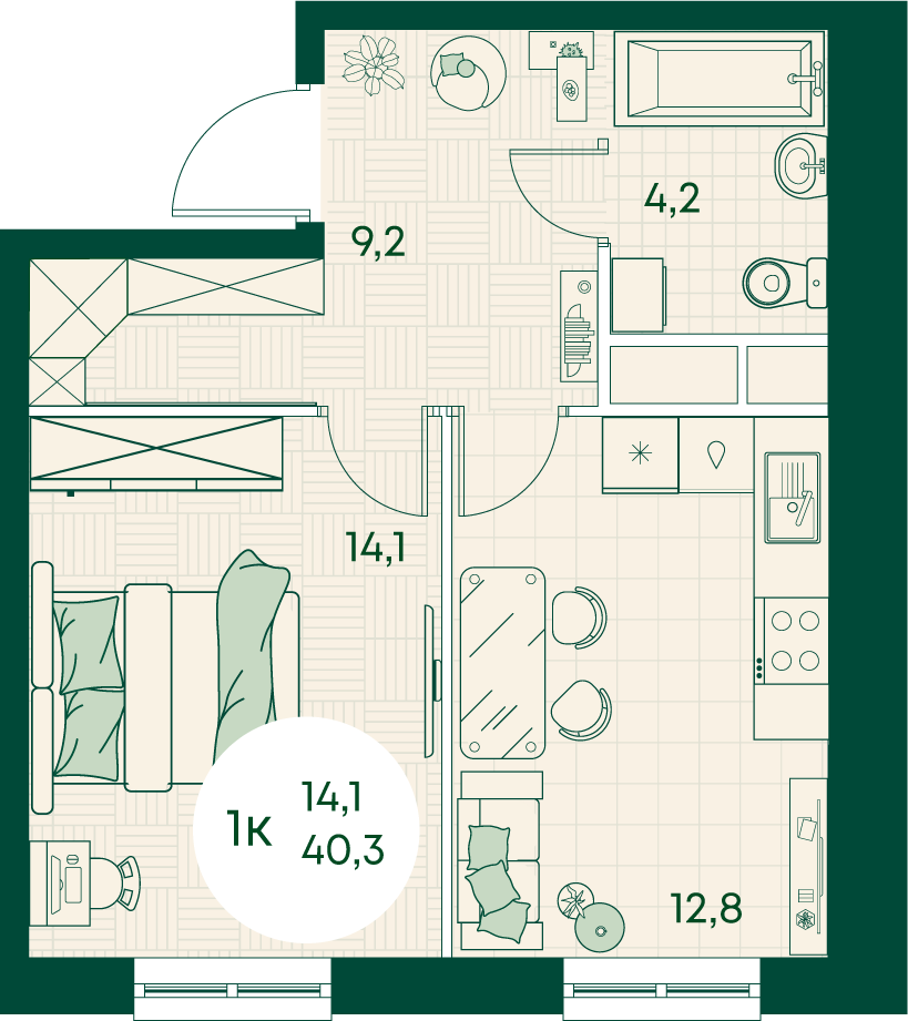 Планировка 1-комнатная 40,3 м²