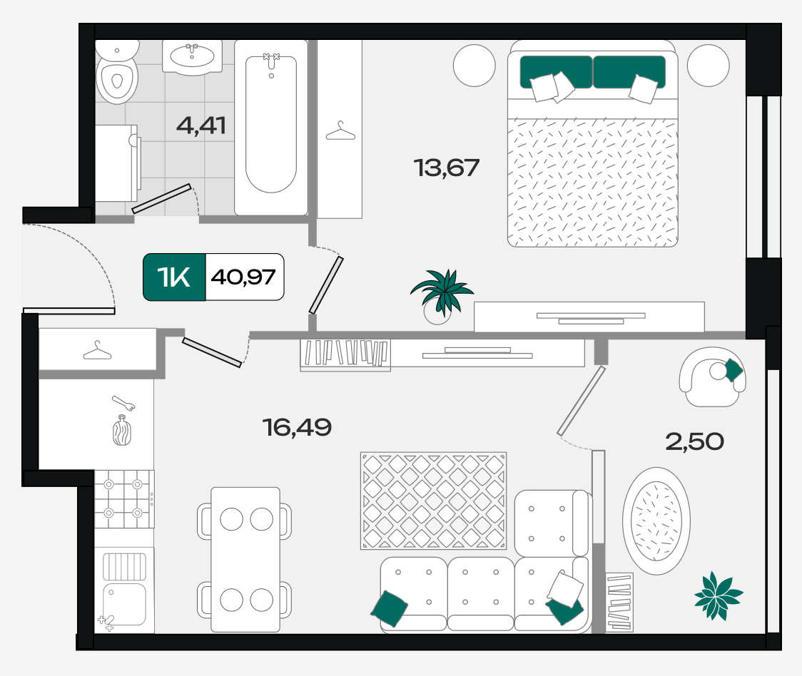 Планировка: 1-комн. квартира 41 м²
