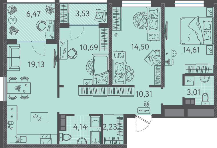 Планировка 3-комнатная 82,2 м²