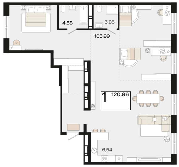 Планировка 1-комнатная 120,96 м²