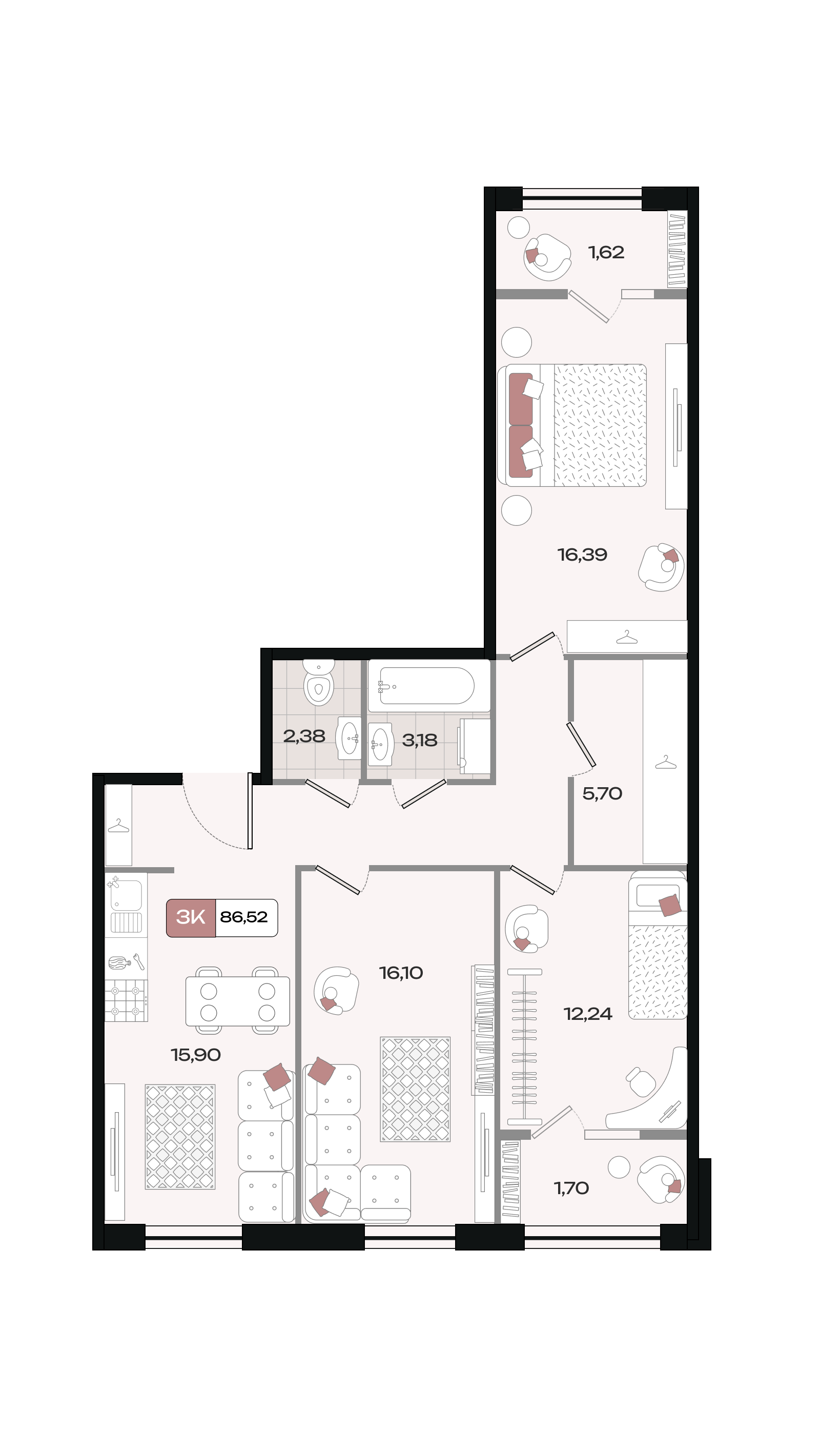 Планировка 3-комнатная 86,52 м²