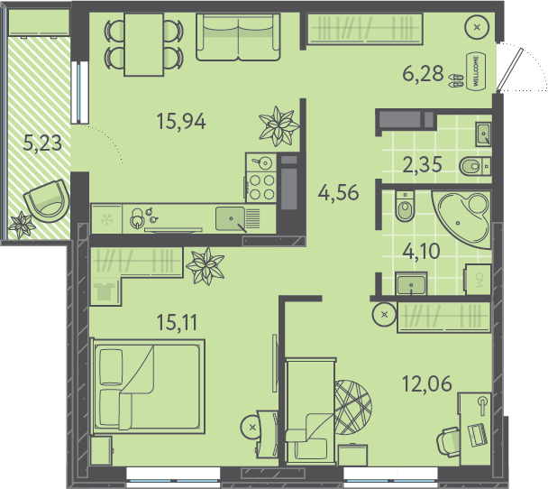 Планировка: 2-комн. квартира 61,3 м²