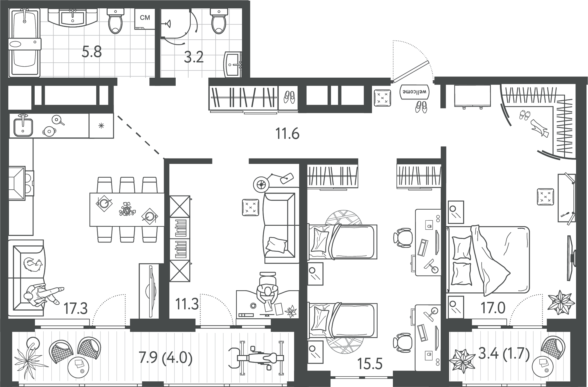 Планировка 3-комнатная 88,15 м²