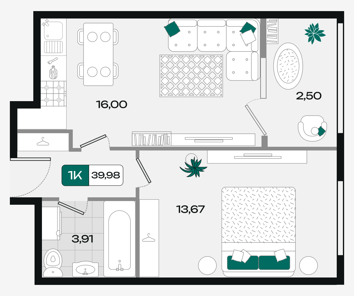 Планировка: 1-комн. квартира 40 м²