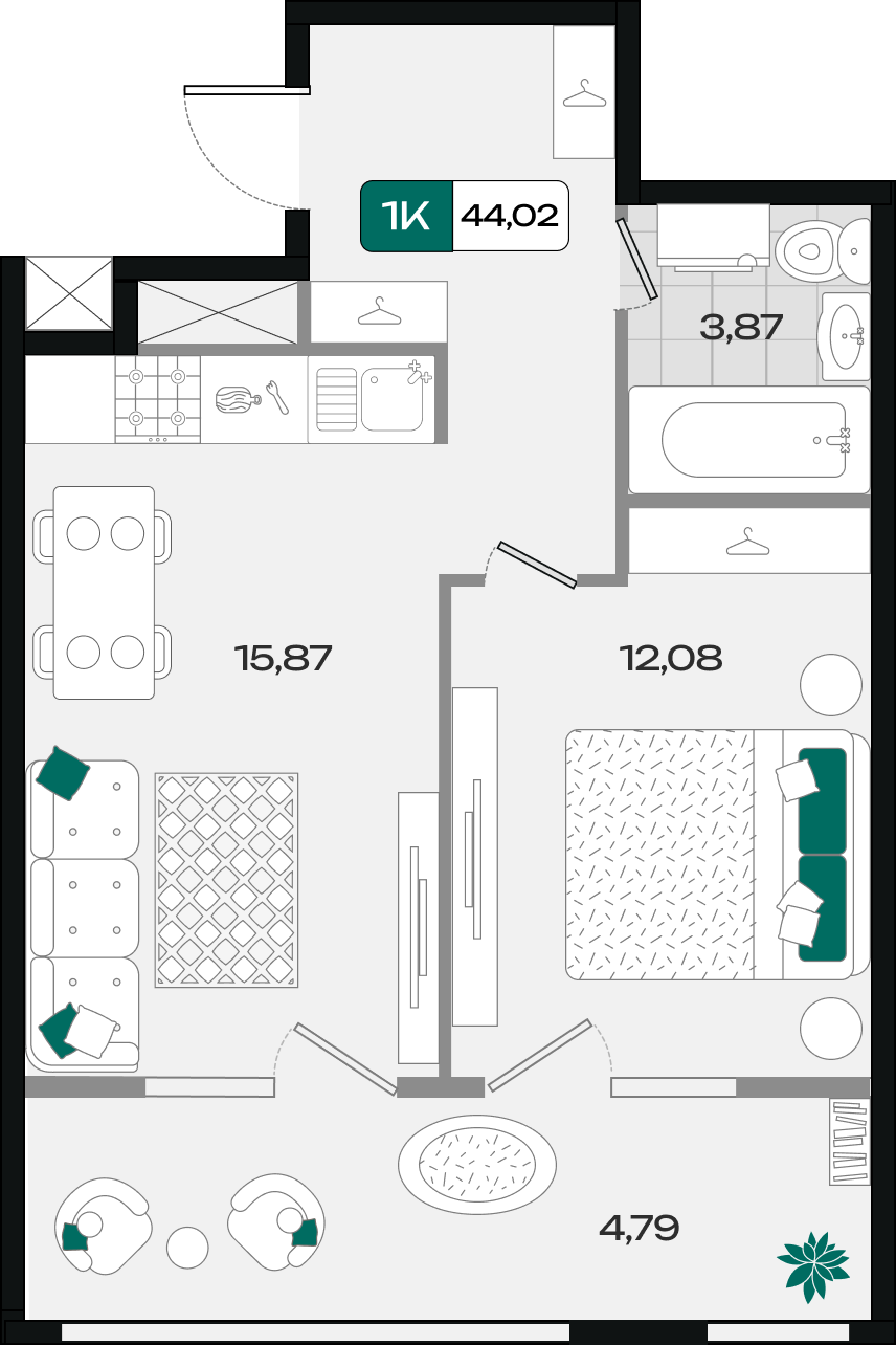 Планировка: 1-комн. квартира 44 м²