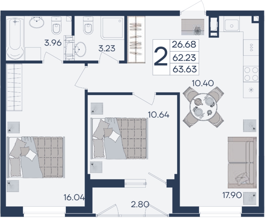 Планировка: 2-комн. квартира 63,6 м²