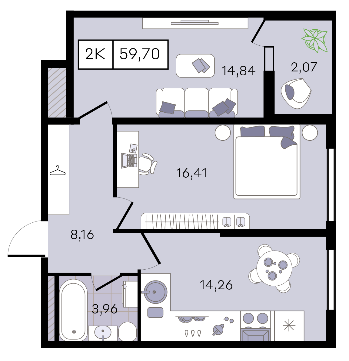 Планировка 2-комнатная 59,7 м²