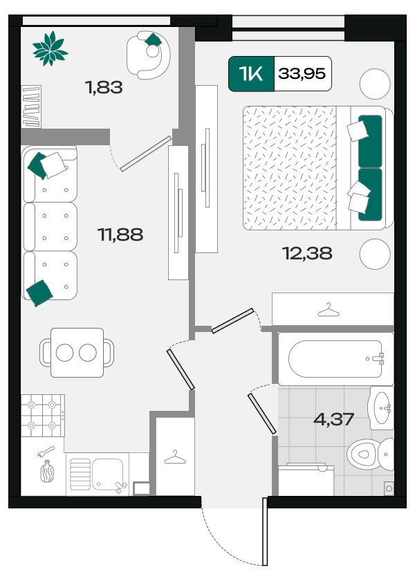 Планировка: 1-комн. квартира 34 м²