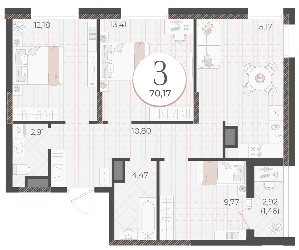 Планировка 3-комнатная 70,17 м²