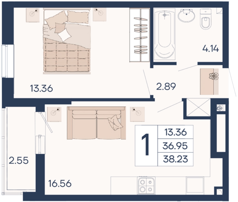 Планировка 1-комнатная 38,23 м²
