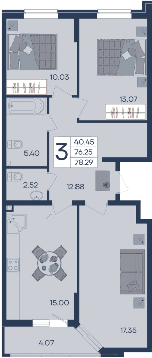Планировка 3-комнатная 78,29 м²