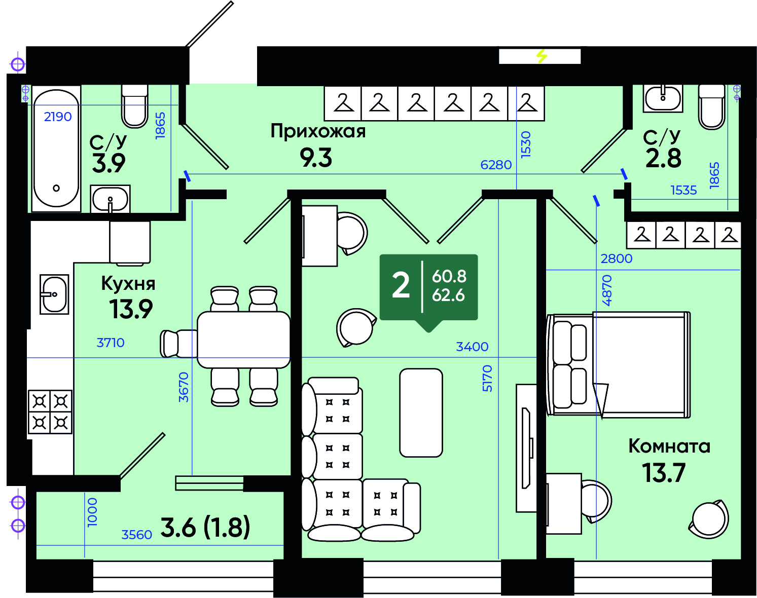 Планировка: 2-комн. квартира 63,7 м²