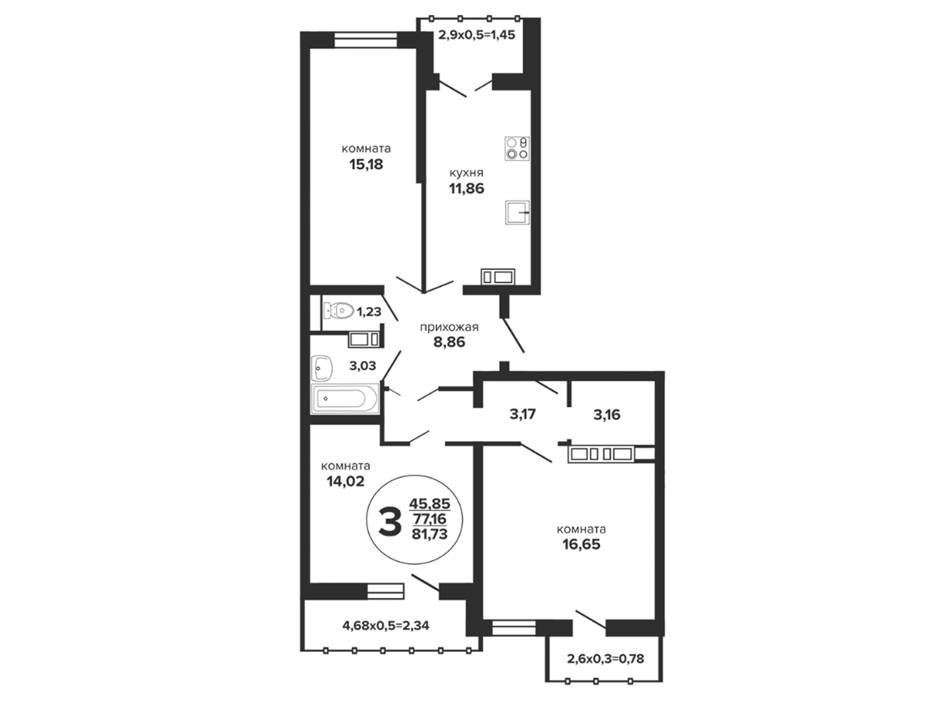 Планировка 3-комнатная 83,3 м²