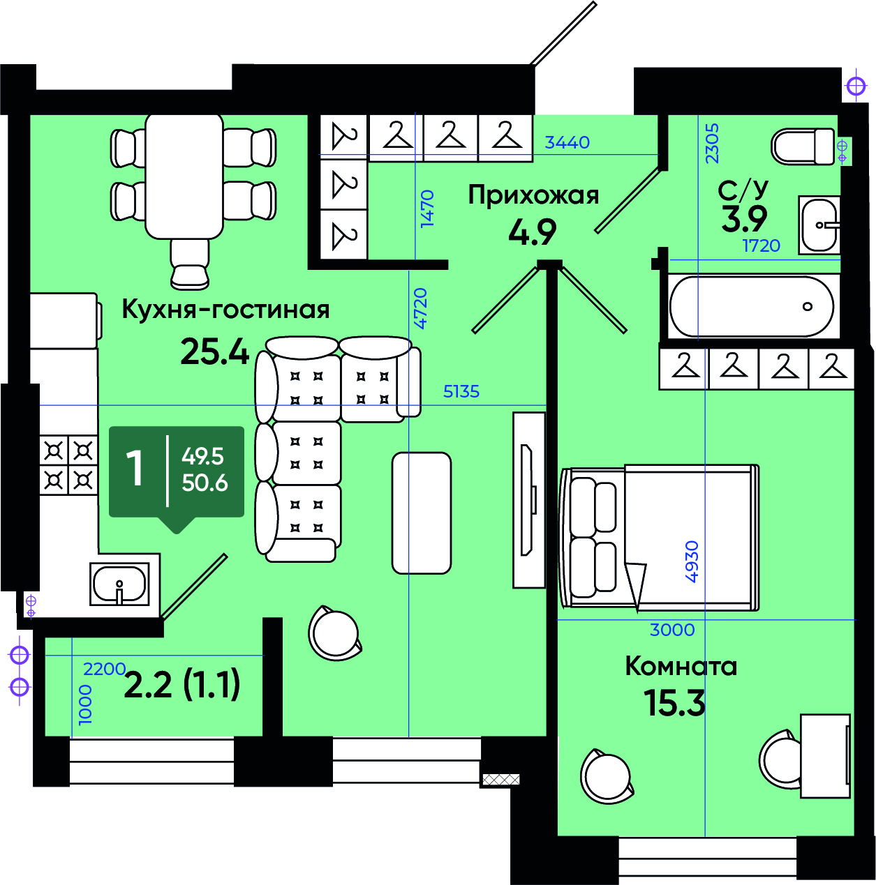 Планировка: 1-комн. квартира 50,6 м²