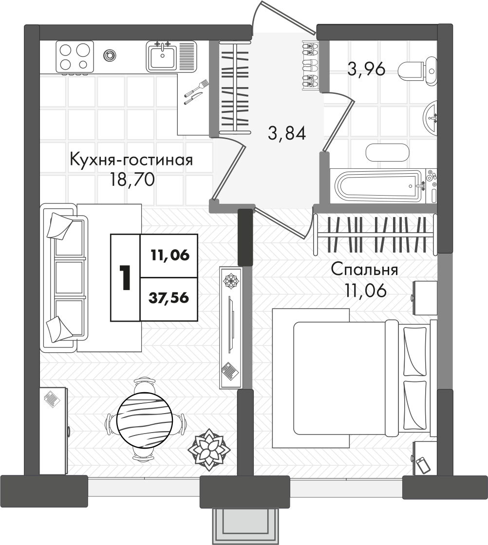 Планировка: 1-комн. квартира 37,6 м²