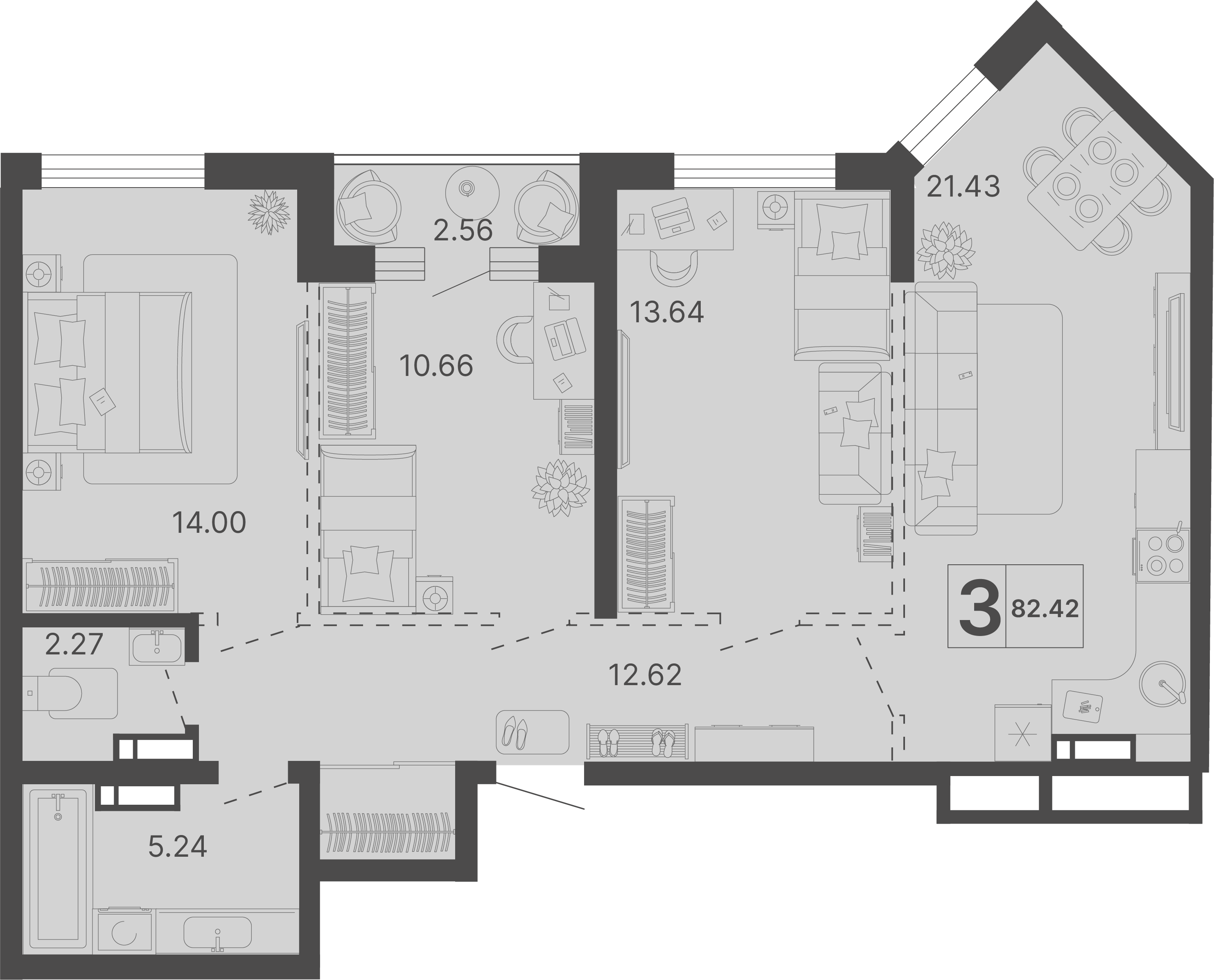 Планировка 3-комнатная 82,42 м²