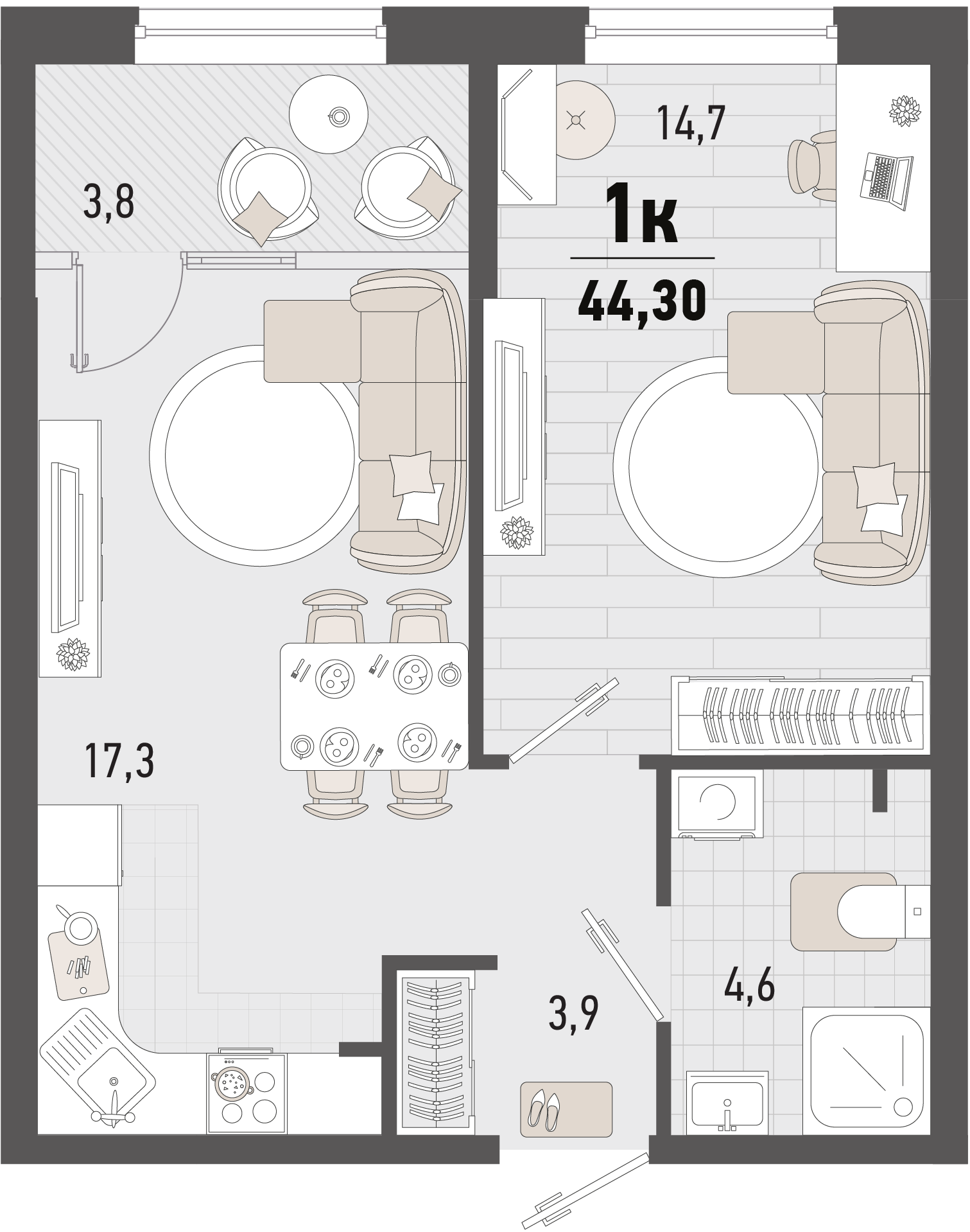 Планировка 1-комнатная 44,3 м²