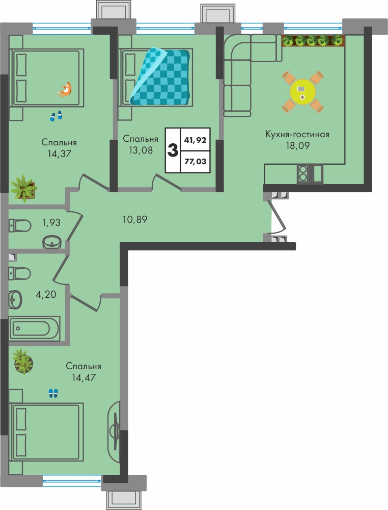 Планировка 3-комнатная 77 м²