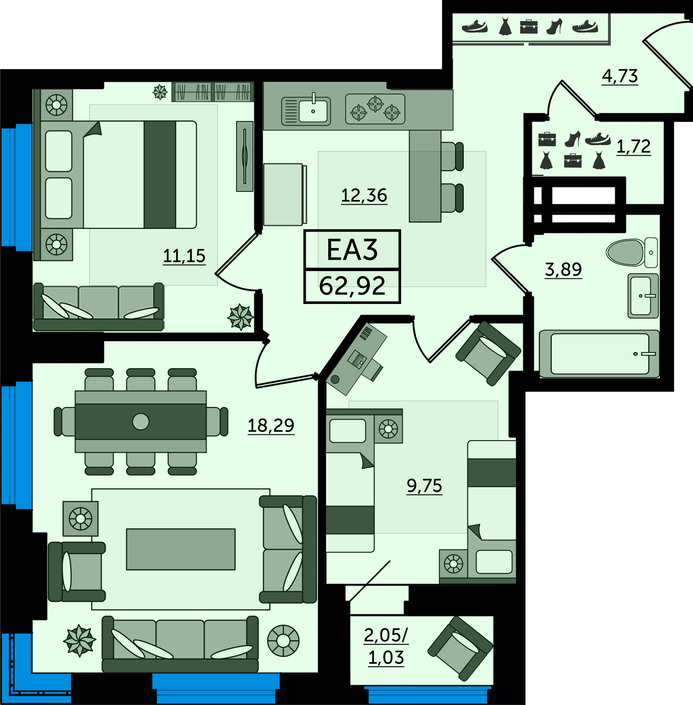 Планировка 3-комнатная 62,92 м²