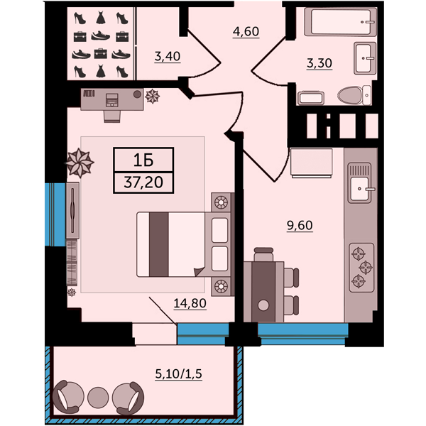 Планировка 1-комнатная 37,9 м²