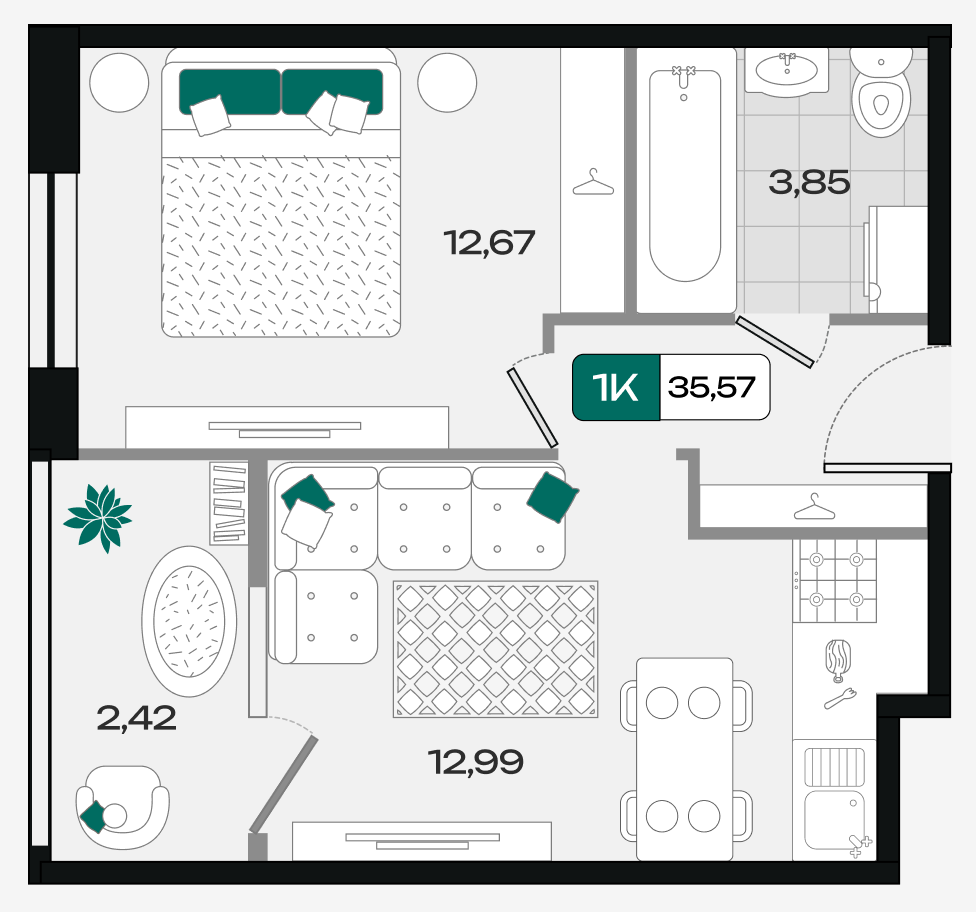 Планировка: 1-комн. квартира 35,6 м²