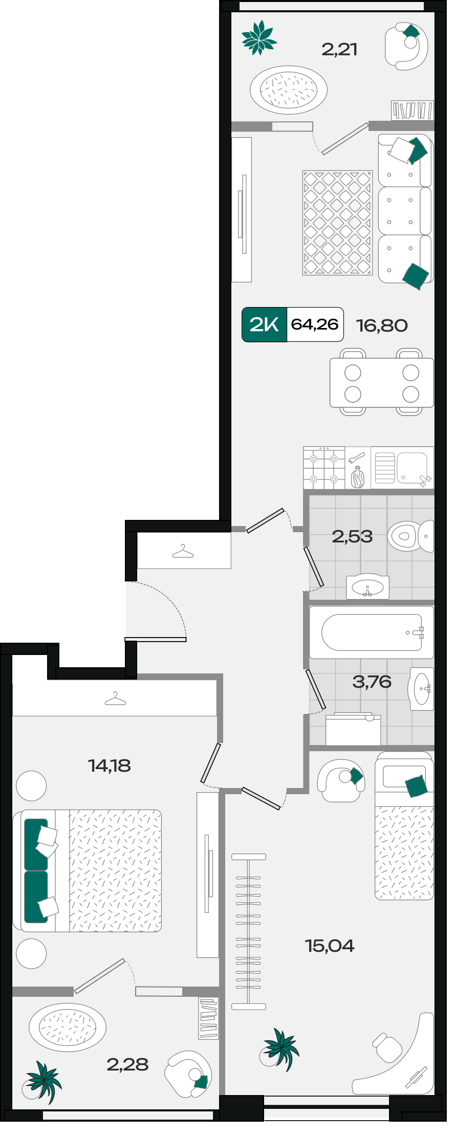 Планировка: 2-комн. квартира 64,3 м²