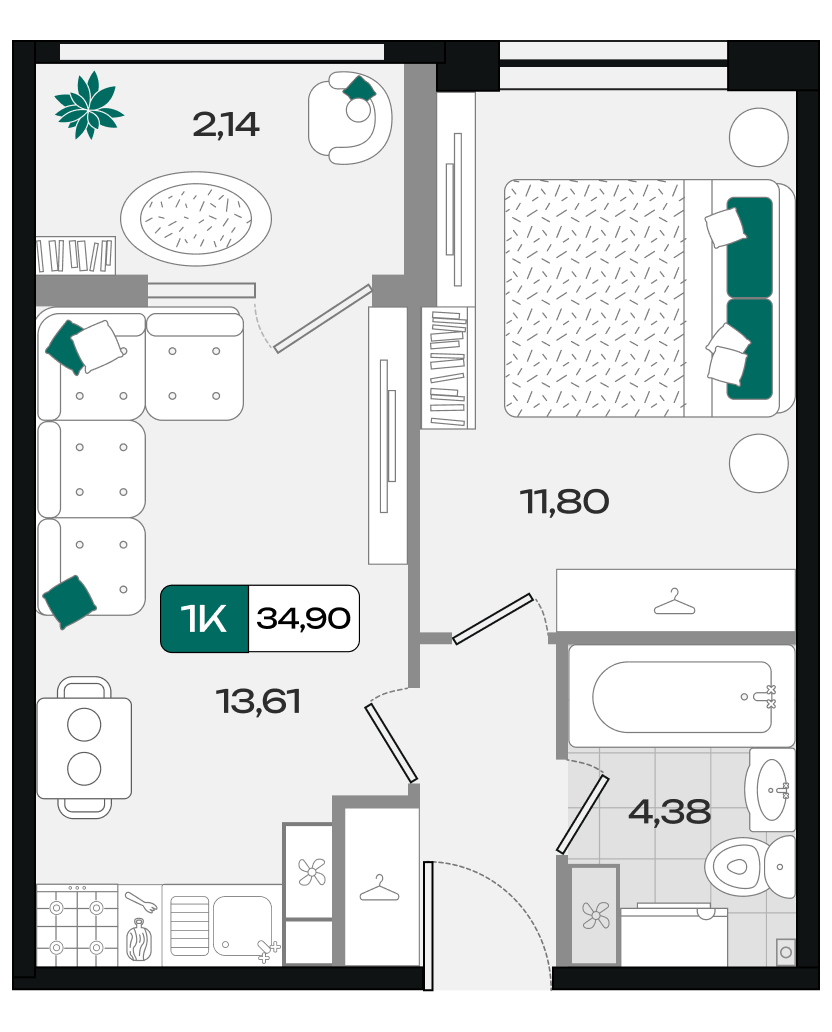 Планировка: 1-комн. квартира 34,9 м²