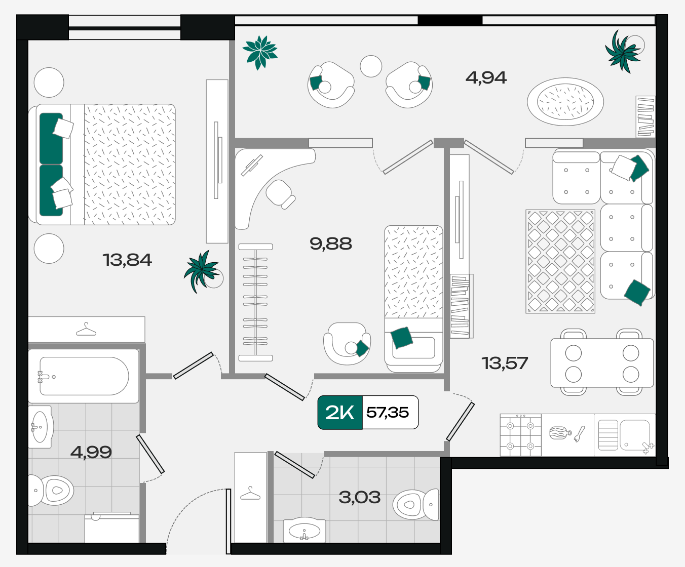 Планировка: 2-комн. квартира 57,4 м²