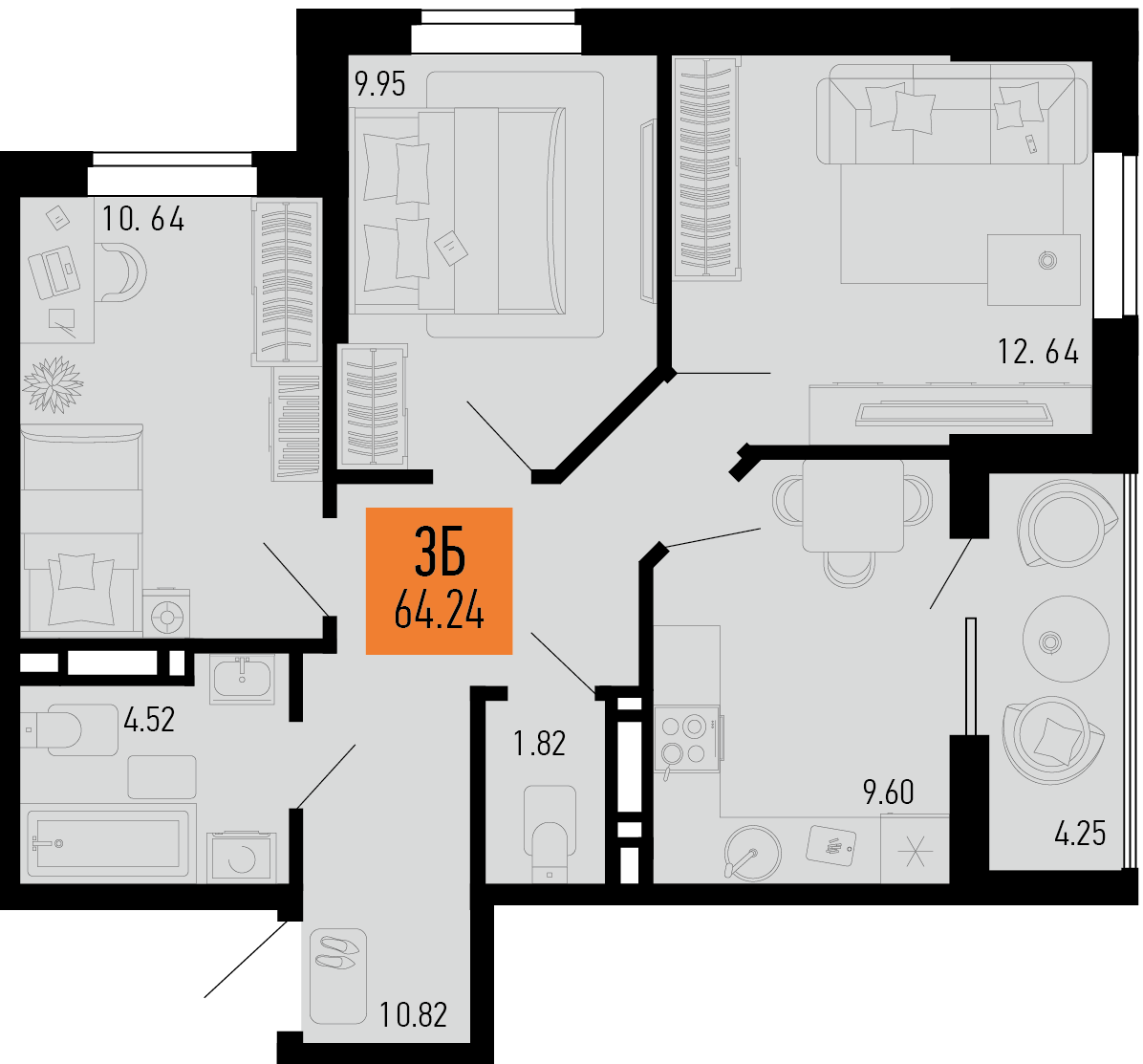 Планировка 3-комнатная 64,24 м²
