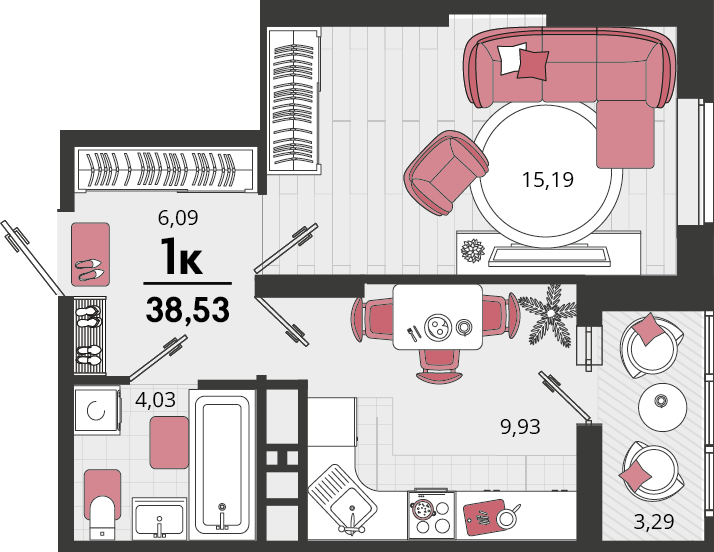 Планировка 1-комнатная 38,53 м²