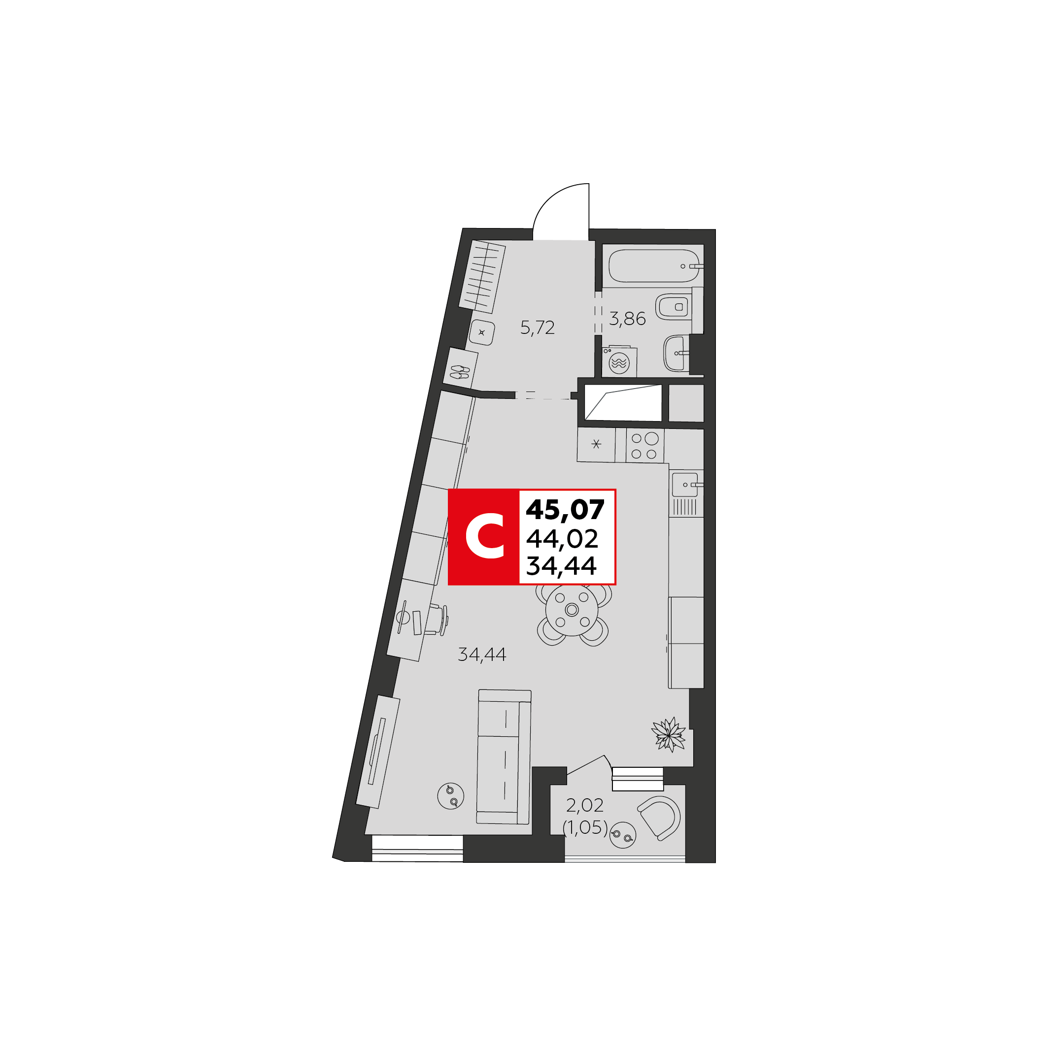 Планировка 1-комнатная 45,07 м²