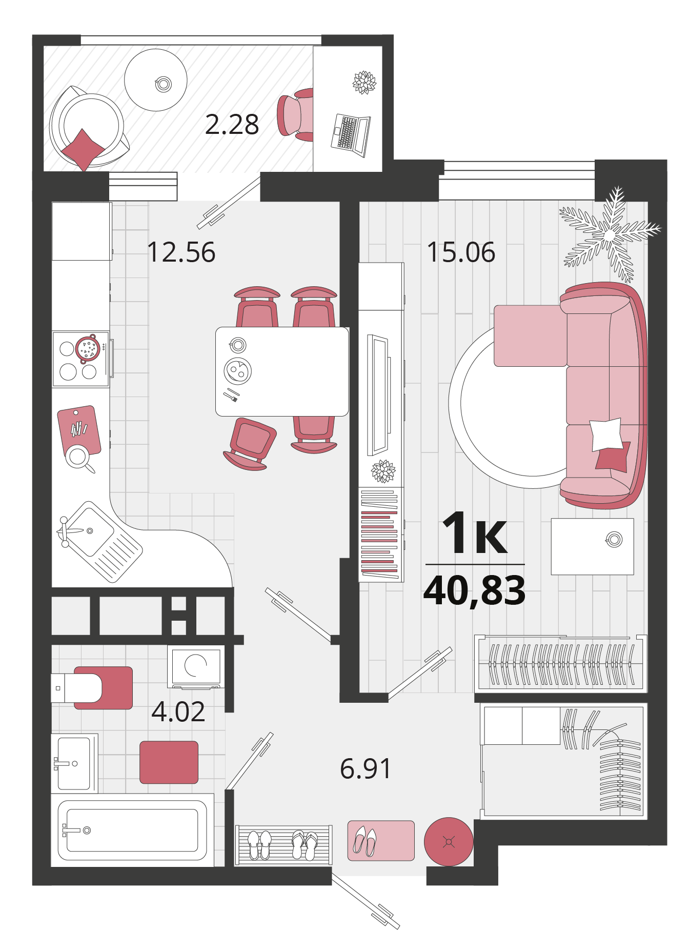 Планировка 1-комнатная 41,25 м²