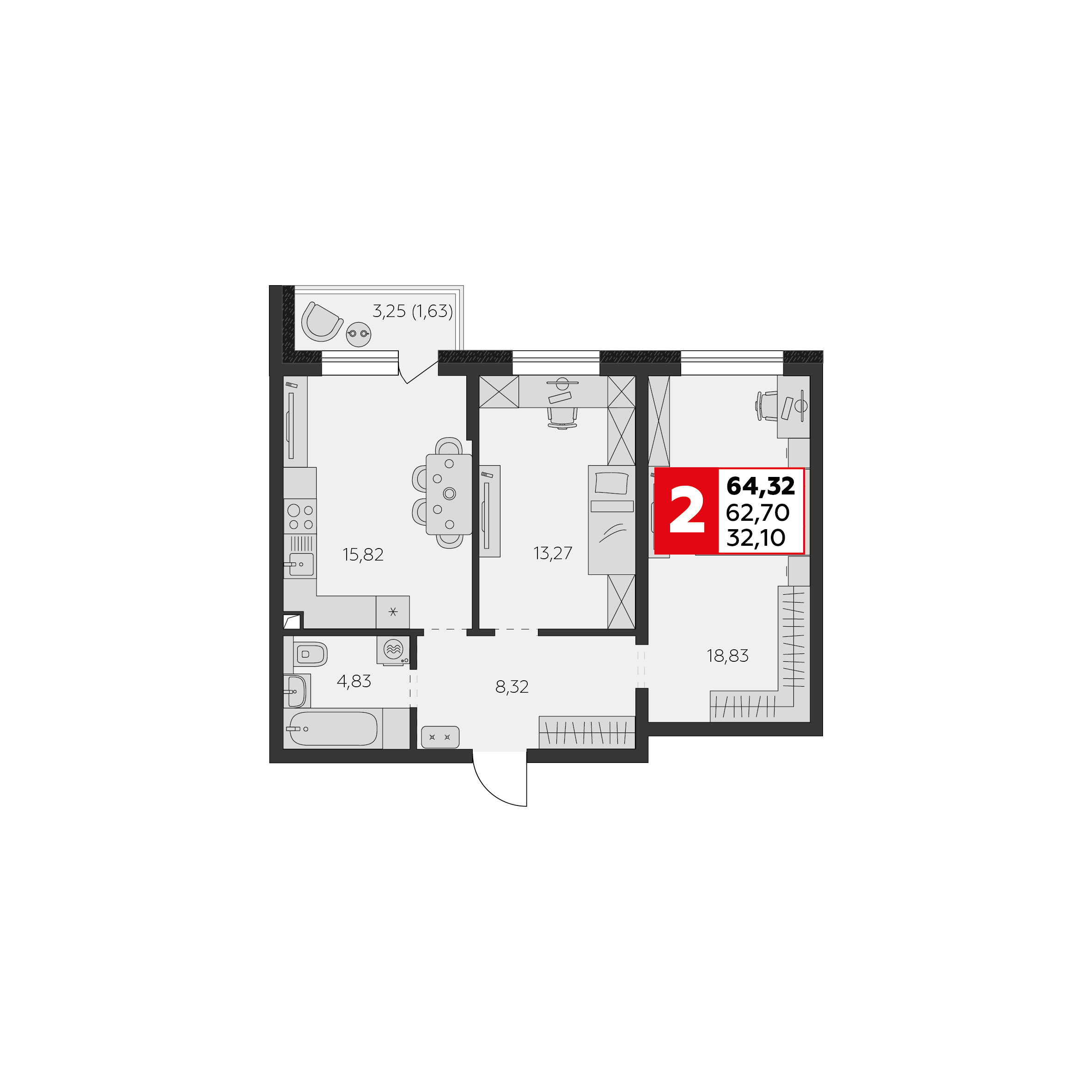 Планировка 3-комнатная 62,7 м²