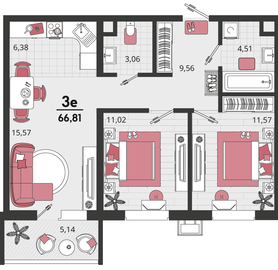 Планировка 3-комнатная 66,81 м²