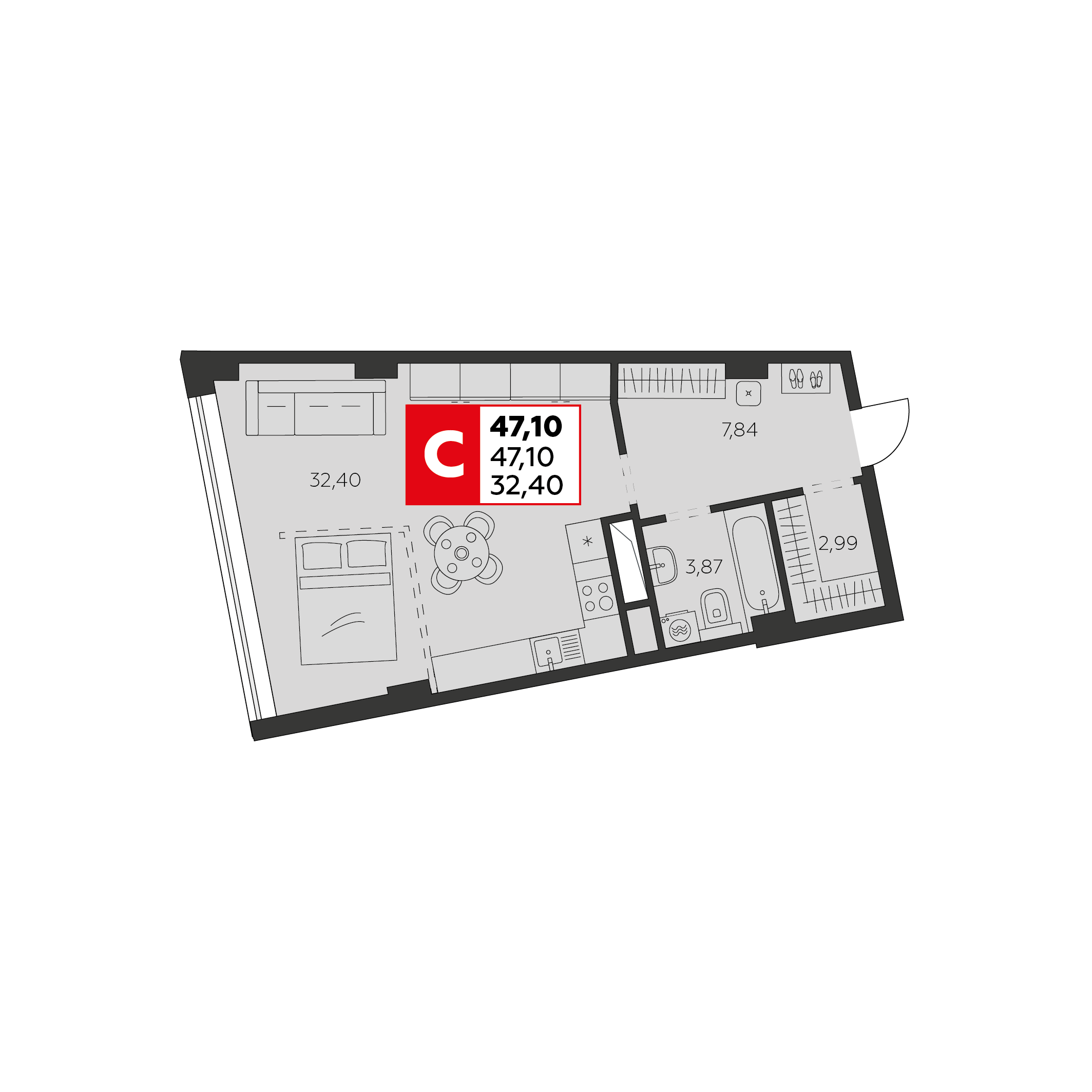Планировка 1-комнатная 47,1 м²