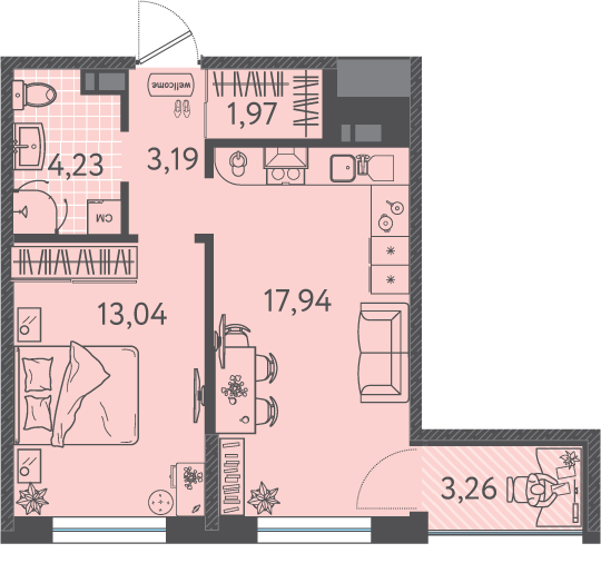 Планировка 1-комнатная 41,2 м²