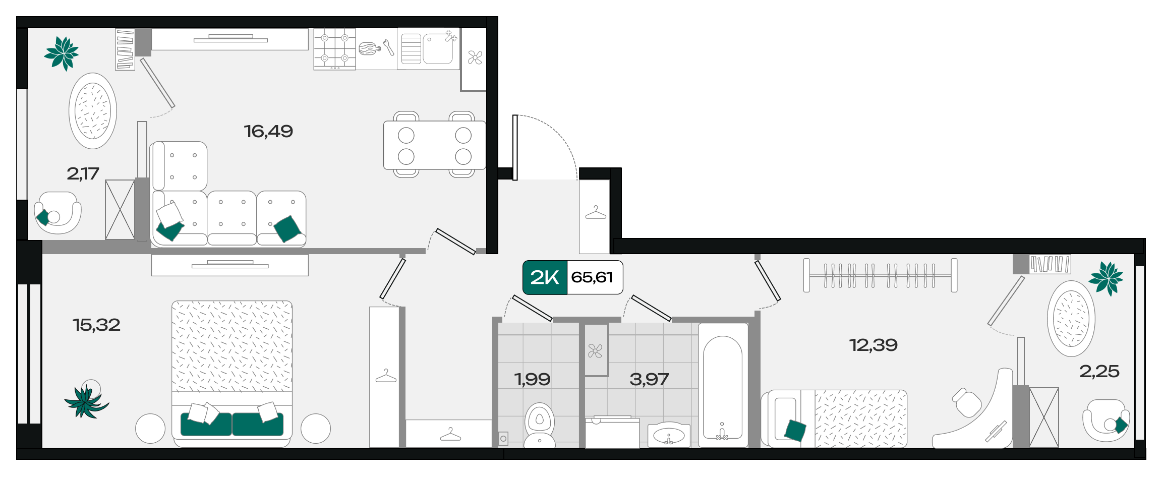 Планировка: 2-комн. квартира 65,6 м²