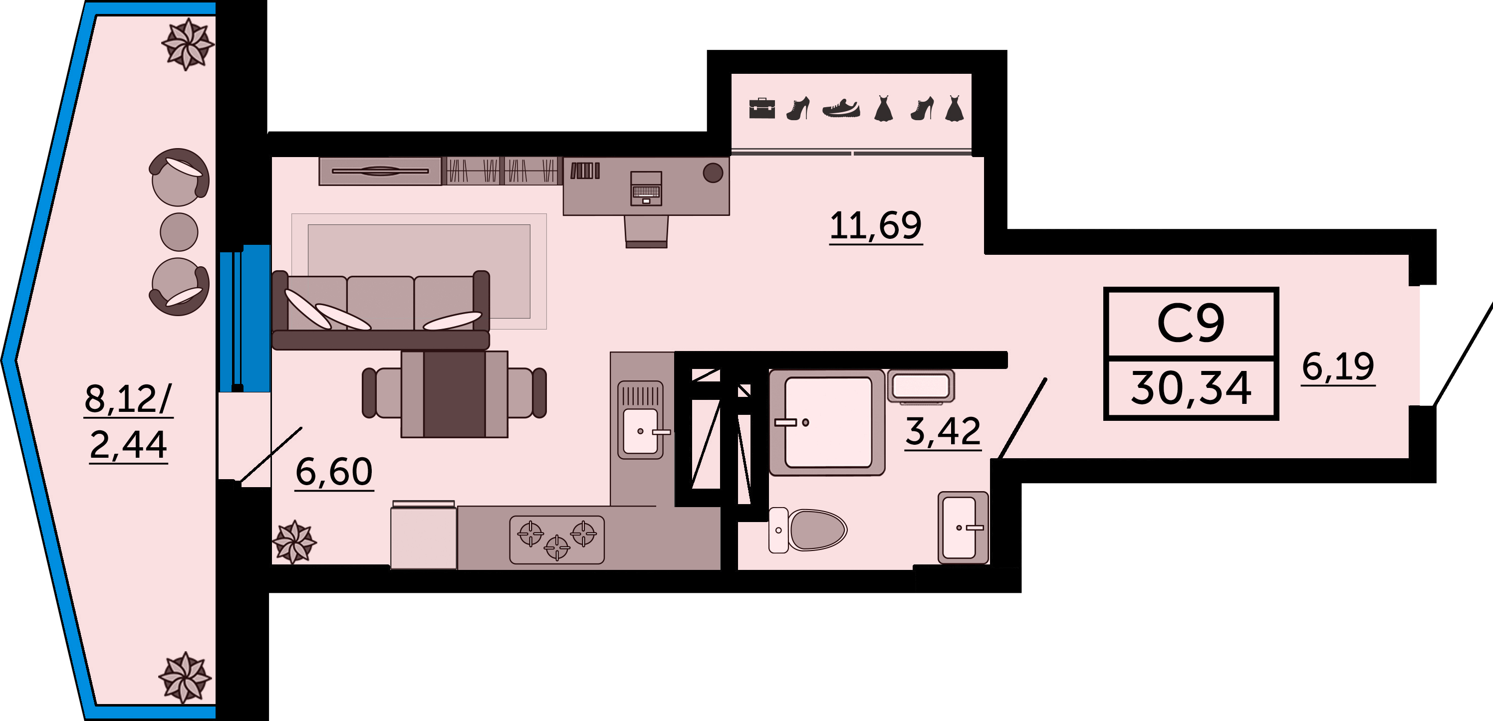 Планировка Студия 30,3 м²
