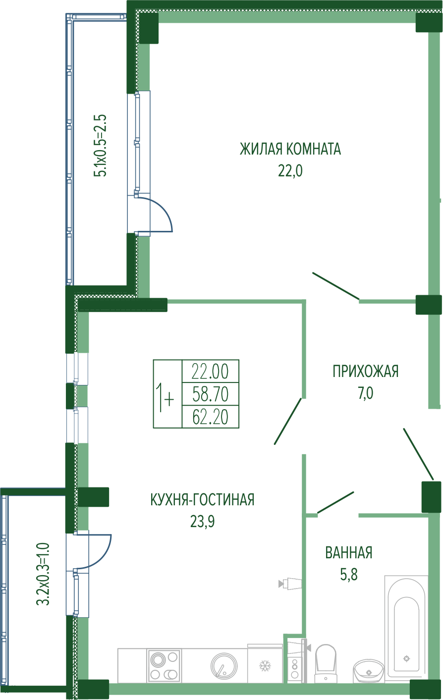 Планировка: 1-комн. квартира 63,3 м²