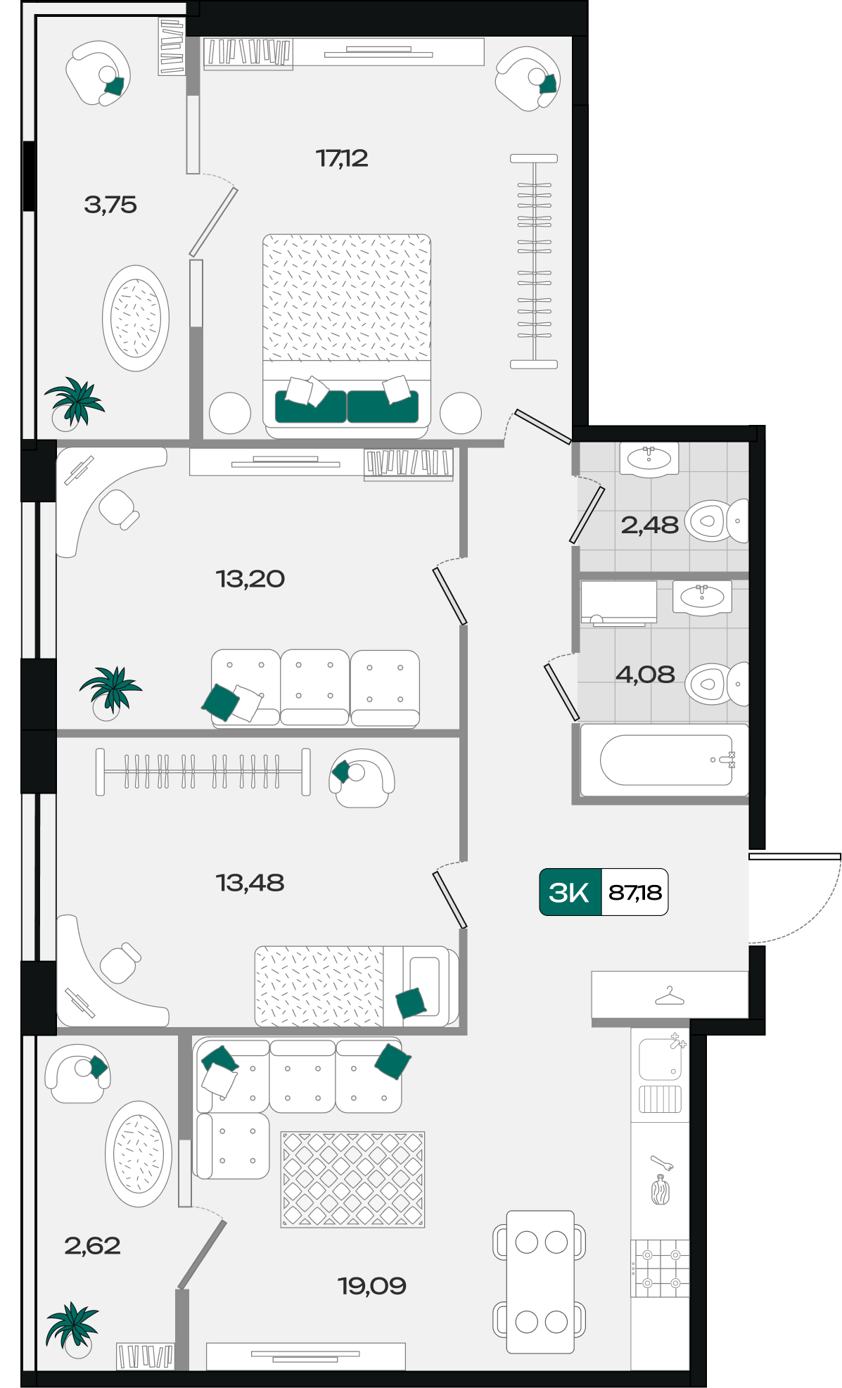 Планировка: 3-комн. квартира 87,2 м²