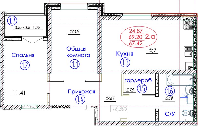 Планировка 2-комнатная 67,2 м²