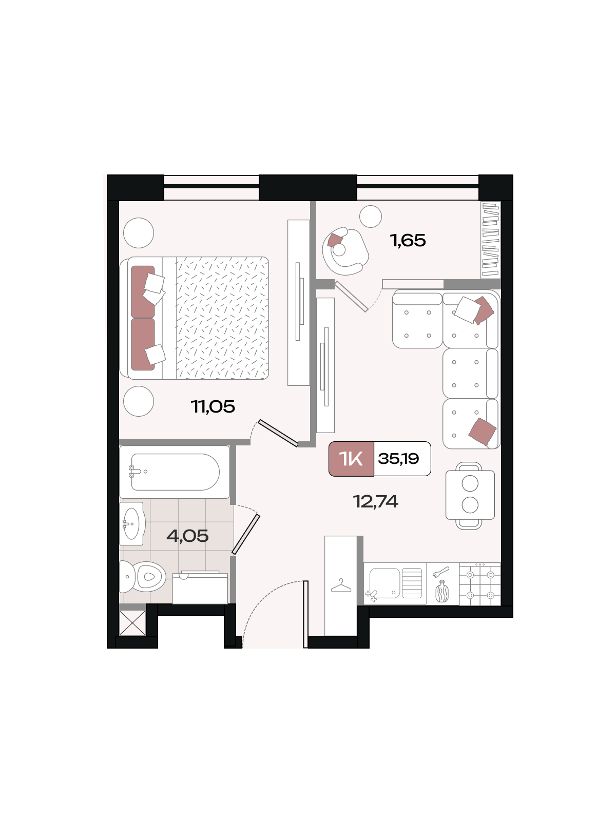 Планировка 1-комнатная 35,19 м²