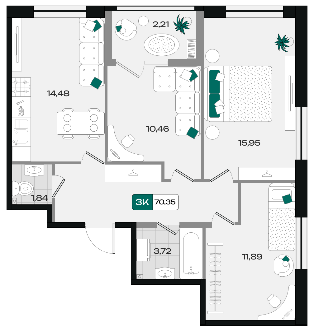 Планировка: 3-комн. квартира 70,4 м²