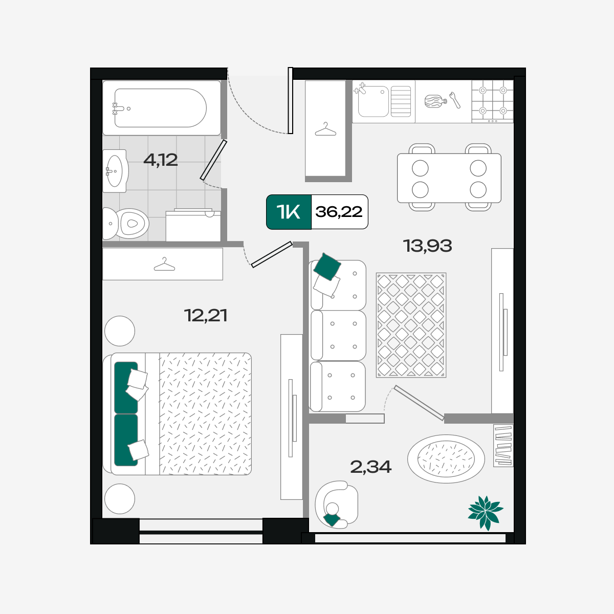 Планировка: 1-комн. квартира 36,2 м²