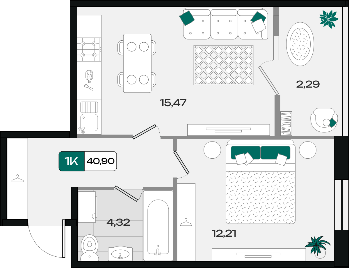 Планировка: 1-комн. квартира 40,9 м²