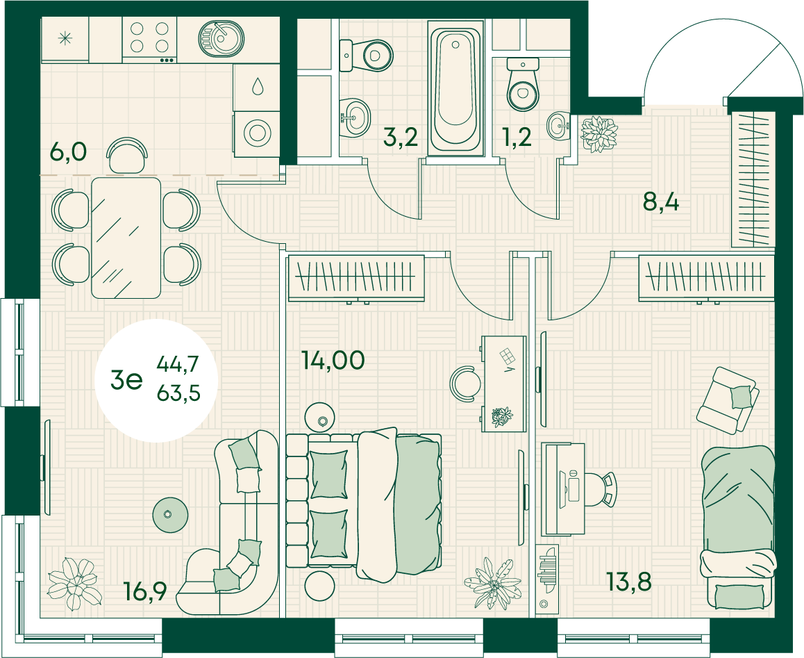 Планировка 3-комнатная 63,5 м²